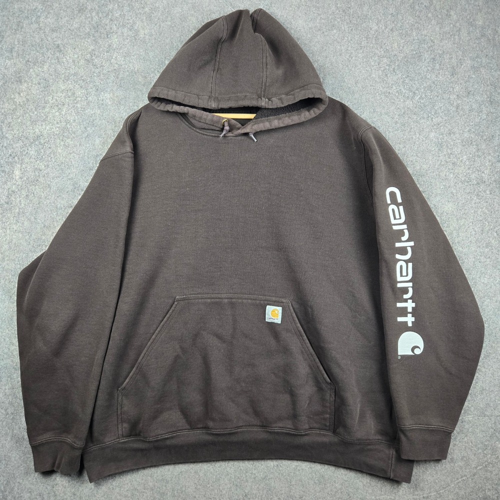 Carhartt Hoodie Mens 2XL Brown Sleeve Logo Graphic Pullover Workwear K288 DKB